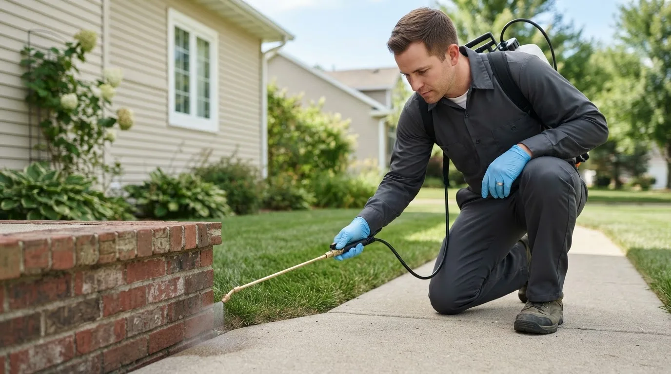 Pest control technician treating a home near Byrnedale, PA