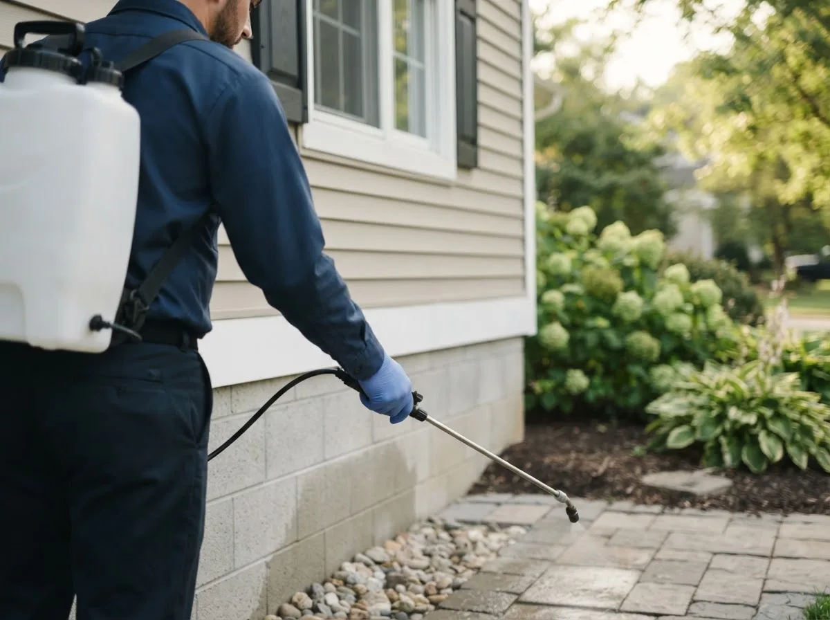 Pest control technician inspecting a home in Byrnedale, PA